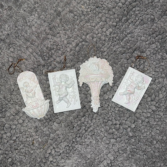 Vintage White Ornate Cherub Angel Pink Shimmer Gold String Set of Ornaments (4) - Picture 4 of 14